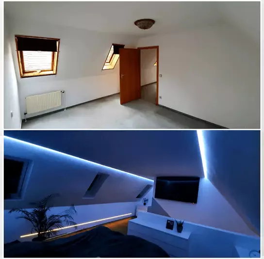 Dachzimmer vorher und nachher mit Lichtdecke