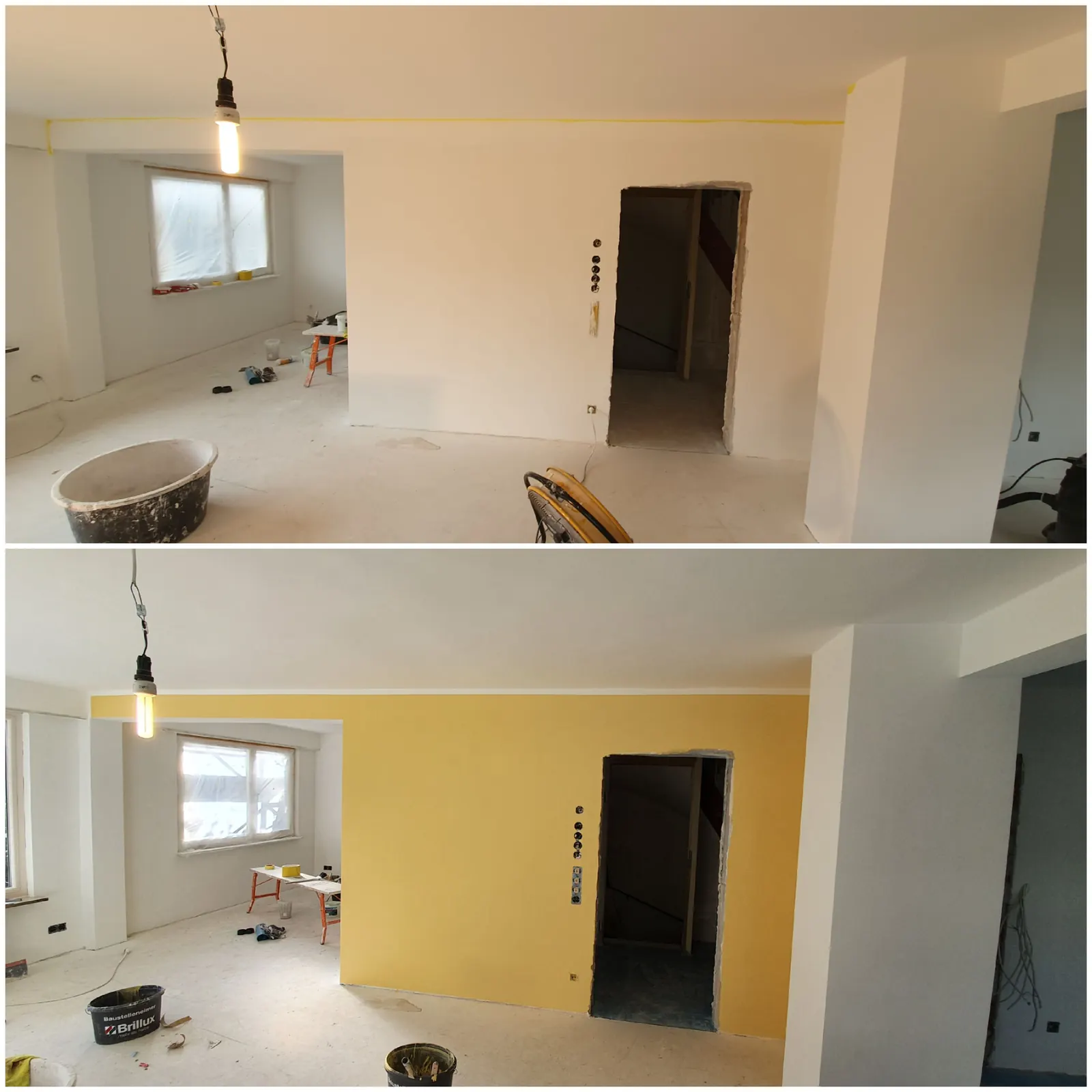 Zimmer vorher und nachher mit gelber Akzentwand